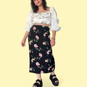 Black Floral Midi Skirt with Pink Blossoms